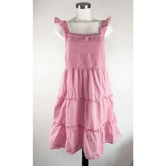 J Crew Sz Large Striped Smocked Tiered Mini Dress Pink Nautical Preppy Americana